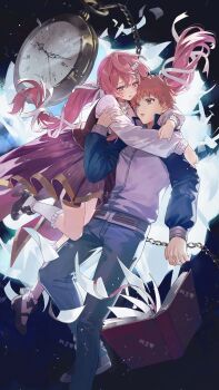 Rule 34 | 1boy, 1girl, black bow, black footwear, blue pants, blush, book, bow, bow legwear, breasts, broken glass, brown eyes, cat hair ornament, chain, commentary, denim, emiya shirou, english commentary, fate/stay night, fate (series), flying paper, frilled socks, frills, full body, glass, gold trim, hair between eyes, hair ornament, hair ribbon, hairpin, hand on another's arm, hand up, hetero, highres, hug, jacket, jeans, kneehighs, long hair, long sleeves, looking at another, momomiya shizuku, momomiya shizuku (gaoyue jixiang), multicolored clothes, oc x canon, open book, open mouth, orange hair, original, pants, paper, pink eyes, pink hair, pocket watch, puffy long sleeves, puffy sleeves, purple skirt, raglan sleeves, red vest, ribbon, shirt, shoes, short hair, skirt, sneakers, socks, twintails, vest, watch, white ribbon, white shirt, white socks