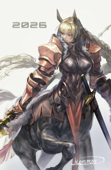 1girl 2026 animal_ears arm_armor armor black_armor blonde_hair braid breasts centaur chinese_zodiac closed_mouth commentary_request cowboy_shot faulds floating_hair frown highres holding holding_polearm holding_weapon horse_ears horse_tail knight long_hair looking_to_the_side medium_breasts monmon_(monmon474) monster_girl multiple_legs original pelvic_curtain polearm red_eyes sheath sheathed shoulder_armor sidelocks signature single_braid solo standing standing_on_three_legs sword tail taur very_long_hair weapon year_of_the_horse