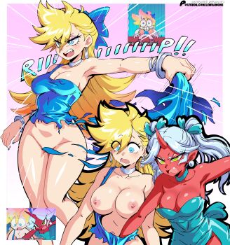 2girls angry aqua_choker aqua_dress aqua_ribbon arm_at_side armpits arms_at_sides bare_arms bare_legs bare_shoulders blonde_hair blue_bow blue_dress blue_eyes blue_nails blush bow bracelet breasts choker cleavage collarbone colored_skin commentary convenient_censoring covered_erect_nipples dress earrings embarrassed emphasis_lines english_commentary eyebrows_hidden_by_hair eyes_visible_through_hair eyeshadow gradient_background green_eyes grey_hair hair_between_eyes hair_bow half-closed_eyes highres horns jewelry knees_together_feet_apart kneesocks_(psg) large_breasts lewdamone long_hair looking_down looking_to_the_side makeup medium_breasts multiple_girls multiple_views nail_polish navel neck necklace nipples no_bra no_panties open_mouth outstretched_arm panty_&amp;_stocking_with_garterbelt panty_(psg) parted_bangs patreon_logo patreon_username pink_background pink_eyeshadow red_skin ribbon ripping round_teeth scene_reference screenshot_inset single-shoulder_dress single_horn standing strapless strapless_dress teeth thighs torn torn_clothes torn_dress twintails upper_teeth_only v-shaped_eyebrows very_long_hair