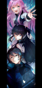 Rule 34 | 1boy, 2girls, black hair, blue eyes, blue hair, eyebrows hidden by hair, headset, highres, izumo kasumi (nijisanji), jacket, long hair, looking afar, looking back, mayuzumi kai, multicolored hair, multiple girls, nijisanji, open hand, pillarboxed, pink hair, sleeveless, sleeveless jacket, streaked hair, two side up, virtual youtuber, white jacket, yoli (yo112li), yuuhi riri