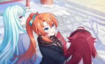 3girls ahoge blue_eyes blue_hair blurry blurry_background blush commentary_request day depth_of_field fur_trim game_cg hair_between_eyes hair_ornament highres jacket lilja_kurtbay long_hair multiple_girls official_art one_side_up open_mouth orange_hair outdoors ramona_wolf red_hair scarf smile snow snowing third-party_source winter winter_clothes world_dai_star yonaguni_hikari