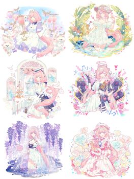 1girl ;) absurdres alternate_costume amplifier beret black_gloves blue_eyes bouquet breasts bridal_veil chinese_commentary cleavage commentary_request cup diamond-shaped_pupils diamond_(shape) dress earrings elf elysia_(hi_love_elf)_(honkai_impact) elysia_(honkai_impact) elysia_(sweet_memories)_(honkai_impact) flower gloves halo hat heart heart_earrings highres holding holding_bouquet holding_cup holding_syringe honkai_(series) honkai_impact_3rd jewelry large_breasts large_syringe long_hair looking_at_viewer multiple_views nurse nurse_cap official_alternate_costume one_eye_closed oversized_object partially_submerged pink_hair pointy_ears prototype_design purple_dress purple_eyes shuxue_lianxice sitting smile straw_hat symbol-shaped_pupils syringe tea_party teacup veil very_long_hair w white_dress white_gloves