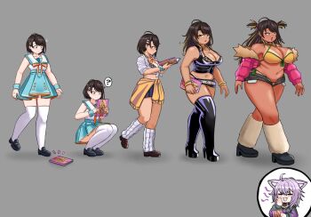 2girls =_= animal_ears animal_print bikini bimbofication black_boots black_collar black_hoodie black_shorts black_skirt blonde_hair blue_eyes blue_skirt blush book boots bra brown_leg_warmers cardigan cardigan_around_waist cat_ears cat_girl clothes_around_waist collar commentary commission dark-skinned_female dark_skin debimbofication_(meme) english_commentary ganguro gyaru hair_behind_ear high-waist_skirt high_heel_boots high_heels holding holding_book hololive hood hoodie kogal laughing leg_warmers leopard_print leopard_print_bra long_hair meme midriff multicolored_hair multiple_girls navel nekomata_okayu nekomata_okayu_(1st_costume) oozora_subaru oozora_subaru_(9th_costume) open_clothes open_fly open_shorts parted_lips peagade platform_boots plump print_bra red_lips sequential shirt short_hair short_shorts shorts skirt squatting streaked_hair surprised swimsuit tan tanline thigh_boots thighhighs thong two_side_up underwear virtual_youtuber weight_gain white_shirt white_thighhighs yellow_bikini