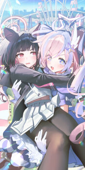 2girls @_@ absurdres animal_ears black_choker black_hair black_jacket black_pantyhose blue_archive blush carrying cat_ears cat_girl choker colored_inner_animal_ears colored_inner_hair drill_hair extra_ears gloves halo highres jacket kazusa_(blue_archive) looking_at_another looking_at_viewer magical_girl multicolored_hair multiple_girls official_alternate_costume official_alternate_hairstyle open_clothes open_jacket open_mouth outdoors pantyhose pink_hair pink_halo pleated_skirt princess_carry purple_eyes purple_hair purple_halo purple_pantyhose purple_shirt red_eyes reisa_(blue_archive) reisa_(magical)_(blue_archive) shirt short_hair skirt star-shaped_pupils star_(symbol) striped_clothes striped_pantyhose susukawa_(susucawa) symbol-shaped_pupils twin_drills two-tone_hair white_gloves white_shirt white_skirt yuri