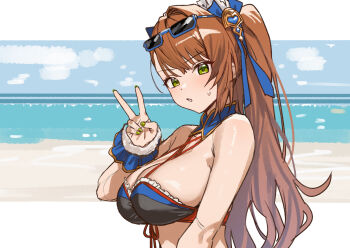 1girl beach beatrix_(granblue_fantasy) beatrix_(summer)_(granblue_fantasy) bikini blue_bikini breasts brown_hair commentary_request eyewear_on_head granblue_fantasy green_eyes green_nails highres large_breasts ll_0109 long_hair ponytail sunglasses swimsuit upper_body v