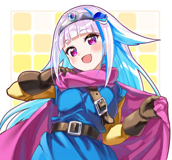 Rule 34 | 1girl, :d, belt, belt buckle, black belt, black gloves, blue hair, blue tunic, buckle, cape, circlet, commentary request, cosplay, dragon quest, dragon quest iii, gloves, highres, layered sleeves, lize helesta, long hair, long sleeves, looking at viewer, multicolored hair, nijisanji, open mouth, pink cape, pink hair, purple eyes, roto, roto (cosplay), roto (dq3), sakino shingetsu, short over long sleeves, short sleeves, smile, solo, tunic, two-tone hair, upper body, very long hair, virtual youtuber