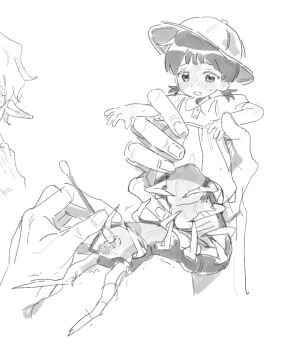 1girl arthropod_girl blush commentary_request greyscale groping hat highres korean_commentary monochrome monster_girl original s22uic solo_focus sweat twintails