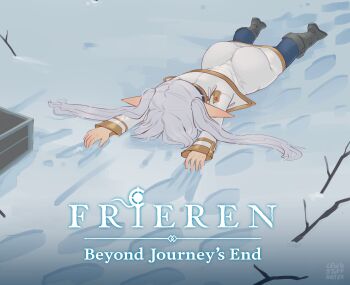 1girl absurdres ass briefcase commentary dress elf footprints frieren grey_hair highres lewdstuff logo long_hair lying on_ground on_stomach pants pointy_ears snow sousou_no_frieren stick symbol-only_commentary twitter very_long_ears watermark