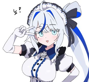 ! :> ahoge aokumo_rin arm_up black_bow black_trim blue_eyes blue_streaks blue_trim bow breasts bright_pupils buttons cloud_hair_ornament collared_dress commentary_request dot_nose dress elbow_gloves frilled_dress frills gloves hair_bow hair_intakes hair_ornament hair_rings hand_on_own_hip headdress korean_commentary korean_text large_breasts light_blush long_hair looking_at_viewer maid_headdress multicolored_hair open_mouth parted_bangs puffy_short_sleeves puffy_sleeves short_sleeves sidelocks simple_background single_hair_ring smile standing stellive streaked_hair swept_bangs translation_request upper_body v v_over_eye virtual_youtuber white_background white_dress white_gloves white_hair white_headdress white_pupils wingcat