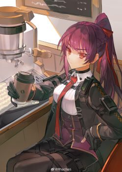 1girl absurdres black_gloves black_jacket black_pantyhose blush coffee_maker cup disposable_coffee_cup disposable_cup frown girls&#039;_frontline girls&#039;_frontline_2:_exilium gloves hair_ribbon highres incoming_drink jacket looking_at_viewer makiatto_(girls&#039;_frontline_2) necktie pantyhose ponytail purple_hair red_eyes red_necktie rhachen ribbed_shirt ribbon shirt sitting solo wa2000_(girls&#039;_frontline) white_shirt