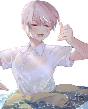 1girl absurdres blush breasts cardigan cardigan_around_waist closed_mouth clothes_around_waist commentary_request go-toubun_no_hanayome hands_up highres large_breasts mojyu_saico nakano_ichika open_mouth partially_submerged pink_hair school_uniform shirt short_hair simple_background smile solo summer_uniform upper_body water wet wet_clothes wet_shirt white_background