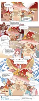 Rule 34 | 1boy, 1girl, = =, ^^^, abs, absurdres, abutata (infinity nikki), animal, artist request, bead necklace, beads, black bow, black bowtie, blunt bangs, bodypaint, bow, bowtie, bracelet, braid, brown eyes, brown wrist cuffs, cat, cloak, closed eyes, clothed animal, cocktail glass, commentary, copyright logo, cup, dancing, dark-skinned male, dark skin, day, disclaimer, dreamcatcher, drink, drinking glass, ear covers, earrings, english commentary, english text, facepaint, feather necklace, finger to own chin, fringe trim, fur-trimmed wrist cuffs, gold earrings, hair beads, hair ornament, hair through headwear, hairband, hand on own chest, highres, holding, holding drink, hood, hood up, hooded cloak, hoop earrings, infinity nikki, jewelry, juice, light bulb, logo, long hair, momo (nikki), multicolored hairband, mushroom, necklace, nervous smile, nikki (nikki), nikki (series), official alternate costume, official art, onsen, outdoors, outstretched arm, pants, parted lips, people, pink bow, pink hair, pink scarf, pointing, purifying wind (infinity nikki), red hair, scarf, second-party source, short hair, shroomling (infinity nikki), side braids, smile, speech bubble, spoken light bulb, star anise (spice), steam, sweatdrop, thigh strap, toned, toned male, topless male, traditional bowtie, twin braids, verdante (infinity nikki), very long hair, wavy hair, whiskers, white cat, white cloak, white pants, wrist cuffs