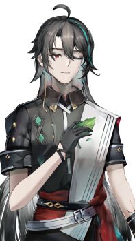 1boy absurdres black_gloves black_shirt chinese_commentary commentary_request gloves grey_hair highres holding holding_leaf honkai_(series) honkai_impact_3rd kailu_(kyshiro) leaf long_hair looking_at_viewer male_focus one_eye_closed purple_eyes shirt simple_background smile solo su_(honkai_impact) very_long_hair white_background