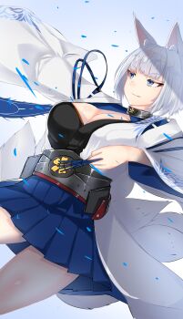 1girl animal_ear_fluff animal_ears azur_lane blue_eyes blue_skirt breasts cleavage collar commentary eyeliner flight_deck fox_ears fox_girl fox_tail highres holding illeojomusa japanese_clothes kaga_(azur_lane) kimono kitsune kyuubi large_breasts long_sleeves looking_to_the_side makeup metal_belt metal_collar miniskirt multiple_tails pleated_skirt red_eyeliner sakuramon short_hair skirt smile solo tail white_hair white_kimono wide_sleeves