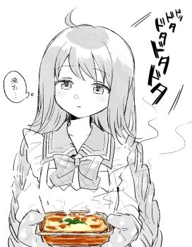 1girl apron bow bowtie boyano commentary_request frilled_apron frills greyscale hair_down holding holding_tray lasagne looking_at_viewer magia_record:_mahou_shoujo_madoka_magica_gaiden mahou_shoujo_madoka_magica monochrome solo sound_effects spot_color tray yui_tsuruno