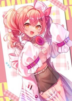 1girl black_skirt breasts cleavage coat cocom092 commission cropped_shirt drill_hair hair_ornament hair_ribbon hairclip hat headphones headphones_around_neck holster indie_virtual_youtuber large_breasts long_hair long_sleeves midriff minaton nurse_cap off_shoulder open_clothes open_coat open_mouth pink_hair red_ribbon ribbon shirt skeb_commission skirt solo syringe syringe_holster thigh_holster twin_drills twintails virtual_youtuber white_coat white_shirt yellow_eyes