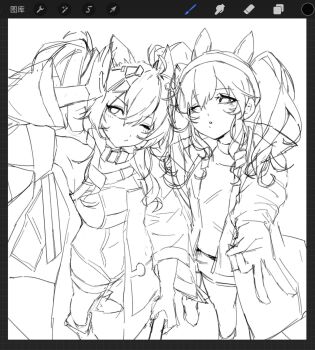 2girls :/ :o angelina_(arknights) animal_ears arknights arknights:_endfield armpits art_program_in_frame bare_shoulders belt breasts coat commentary dot_nose dress drill_hair drill_sidelocks english_commentary extra_ears fox_ears fox_girl gilberta_(arknights) greyscale gyaru_v hair_between_eyes hairband hand_on_own_head hand_up high_belt high_collar highres impossible_clothes impossible_dress jacket kirihara_aki long_hair long_sleeves looking_at_viewer medium_breasts monochrome multiple_girls one_eye_closed open_clothes open_coat open_jacket parted_lips short_dress short_shorts shorts sidelocks twintails unfinished v wide_sleeves