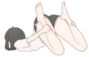 1girl 1ssakawaguchi absurdres ahoge ass barefoot black_shorts bob_cut brown_hair dolphin_shorts from_behind highres ichika_(1ssakawaguchi) leg_grab legs midriff_peek original shirt short_hair short_shorts shorts simple_background solo stretching t-shirt thighs toes white_background white_shirt