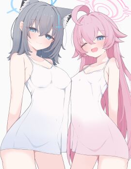 2girls absurdres ahoge animal_ear_fluff animal_ears arms_behind_back blue_archive blue_eyes blue_halo blush breasts closed_mouth collarbone commentary_request cowboy_shot cross cross_hair_ornament dress earrings extra_ears fang grey_hair hair_ornament halo highres hoshino_(blue_archive) inverted_cross jewelry long_hair looking_at_viewer medium_hair multiple_girls nui_(nuinui0300) one_eye_closed open_mouth pink_hair pink_halo shiroko_(blue_archive) short_dress simple_background small_breasts smile stud_earrings variant_set very_long_hair white_background white_dress wolf_ears wolf_girl