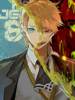 1boy ascot black_ascot black_jacket blonde_hair closed_mouth collared_shirt commentary_request dual_persona fate/grand_order fate_(series) gem green_eyes green_trim grey_vest highres jacket jekyll_and_hyde_(fate) lapels looking_at_viewer male_focus medium_hair notched_lapels open_mouth red_eyes red_gemstone sharp_teeth shirt suzuhi_(fullprayer) teeth vest white_shirt