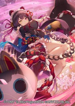 1girl animal_ears brown_hair cherry_blossoms commentary_request dog_ears dog_girl heterochromia inui_toko inui_toko_(1st_costume) japanese_clothes looking_at_viewer maid maid_headdress nijisanji official_art red_eyes smile solo takanori_yamada wa_maid wixoss yellow_eyes