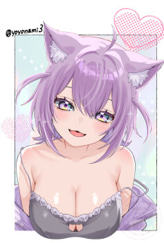 1girl ahoge animal_ear_fluff animal_ears bare_shoulders blush breasts cat_cutout cat_ears cat_girl cleavage clothing_cutout collarbone commentary_request crop_top hair_between_eyes highres hololive jacket large_breasts looking_at_viewer medium_hair nekomata_okayu nekomata_okayu_(membership) no_bra official_alternate_costume open_clothes open_jacket open_mouth purple_eyes purple_hair purple_jacket smile solo upper_body virtual_youtuber yoyonami3