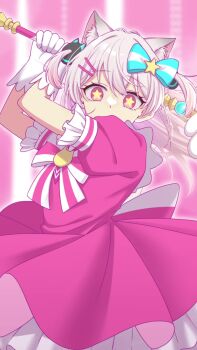 1girl animal_ear_fluff animal_ears arms_up bow cat_ears commentary_request dress floating_hair gloves grey_hair hair_between_eyes hair_bow hair_ornament hairclip highres holding indie_virtual_youtuber long_hair looking_at_viewer natsume_eri natsume_eri_(vtuber) pink_background pink_dress pink_eyes puffy_short_sleeves puffy_sleeves short_sleeves solo star-shaped_pupils star_(symbol) star_hair_ornament striped_bow symbol-shaped_pupils two_side_up virtual_youtuber white_gloves