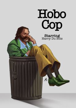 1boy blazer brown_hair character_name collared_shirt commentary disco_elysium english_commentary facial_hair full_body green_jacket hair_slicked_back hand_on_lap hand_on_own_face harry_du_bois highres in_container in_trash_can jacket knees_up looking_at_viewer male_focus mullet mutton_chops nurve26 shirt solo trash_can white_shirt