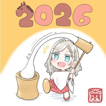 1girl 2026 :d blue_eyes ceras_yanagida_lilienfeld character_logo chibi chibi_only commentary_request food full_body grey_hair hakama hakama_skirt highres japanese_clothes kimono kubo_(arachi_ll) leg_up link!_like!_love_live! long_hair love_live! miko mochi mochitsuki open_mouth red_hakama sandals single_hair_intake skirt smile socks solo tabi virtual_youtuber white_kimono white_socks yellow_background zouri