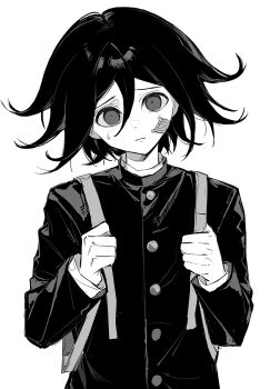 1boy backpack bag bandaid bandaid_on_cheek bandaid_on_face black_hair buttons closed_mouth danganronpa_(series) danganronpa_v3:_killing_harmony flipped_hair frown gakuran greyscale hair_between_eyes hashtag-only_commentary highres holding holding_bag huang_du_du jacket long_sleeves looking_at_viewer male_focus medium_hair monochrome oma_kokichi school_uniform simple_background solo sweatdrop upper_body white_background worried