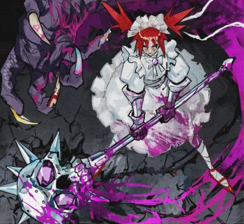 1girl blood blood_splatter claws dress frilled_dress frills gauntlets headdress heart holding holding_mace holding_weapon mace magical_girl medium_hair nass9696 original purple_blood red_shoes shoes signature skull_staff solo spiked_hair spiked_mace spikes standing twintails weapon white_dress