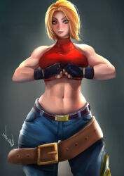 Rule 34 | 1girl, blonde hair, blue eyes, blue mary, breasts, clenched hands, denim, fatal fury, fingerless gloves, gloves, jeans, large breasts, looking at viewer, midriff, navel, pants, parted lips, pink lips, short hair, smile, solo, the king of fighters, thick thighs, thighs, toned