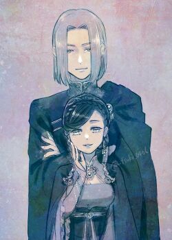 1boy 1girl braid breasts cape cleavage commentary_request crossed_arms crown_braid ferdinand_(honzuki_no_gekokujou) height_difference hitsuki_(hiidukii) honzuki_no_gekokujou medium_breasts medium_hair myne_(honzuki_no_gekokujou) parted_lips sepia smile twitter_username watermark