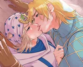 1boy 1girl androgynous blonde_hair blue_eyes blush brown_gloves diego_brando genderswap genderswap_(mtf) gloves hat highres hood hoodie johnny_joestar jojo_no_kimyou_na_bouken kiss medium_hair star_(symbol) star_print steel_ball_run sweat yuki_jj