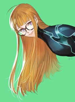 10s 1girl black_bodysuit blunt_bangs bodysuit brown-framed_eyewear closed_mouth female_focus glasses green_background hair_spread_out highres huangdanlan long_hair looking_at_viewer oracle_(persona_5) orange_hair persona persona_5 purple_eyes sakura_futaba signature simple_background smile solo