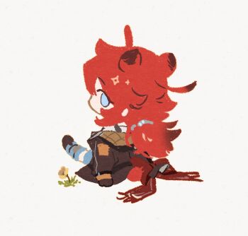 1girl animal_ears arknights banque_(edrukine) bear_ears bear_girl bear_tail blue_eyes blue_leg_warmers brown_jacket chibi from_behind grey_background highres jacket leg_warmers looking_back official_artist_extra red_hair simple_background tail vetochki_(arknights)