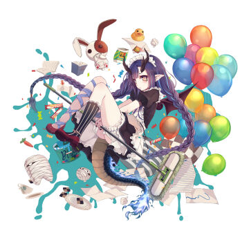 1girl ass asymmetrical_legwear balloon book braid candy carrot cookie cup dragon_girl dragon_horns dragon_tail female_focus food full_body highres holding horns kai-ri-sei_million_arthur long_hair looking_at_viewer maid million_arthur_(series) mismatched_legwear mop mummy no_panties notepad official_art paint paper pillow plate pointy_ears puppet rubber_duck saucer simple_background slit_pupils socks solo striped_clothes striped_socks stuffed_animal stuffed_rabbit stuffed_toy tail teacup uneven_legwear vertical-striped_clothes vertical-striped_socks wait white_background wings