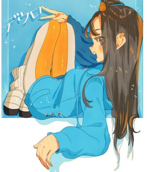 1girl absurdres black_hair blue_hoodie blush breasts cube_hair_ornament earclip grey_eyes hair_ornament highres hood hood_down hoodie jacket leggings lida_(pokemon) long_hair long_sleeves medium_breasts nintendo open_mouth orange_leggings pokemon pokemon_legends:_z-a ribbed_socks shoes smile socks solo teeth topknot two-tone_legwear upper_teeth_only v watashi_momo white_leggings white_socks wispy_bangs