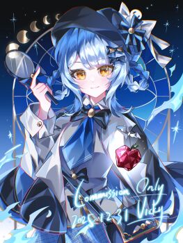 1girl absurdres apple black_capelet black_hat blue_background blue_hair blue_necktie blue_skirt braid braided_hair_rings capelet closed_mouth commentary commission cowboy_shot crescent dated deerstalker food fruit gradient_background hair_rings hand_up hat highres holding holding_magnifying_glass long_sleeves looking_at_viewer magnifying_glass mahou_shoujo_no_majo_saiban moon_phases necktie short_hair skirt smile solo standing symbol-only_commentary tachibana_sherry vest weizhishu_vicky yellow_eyes