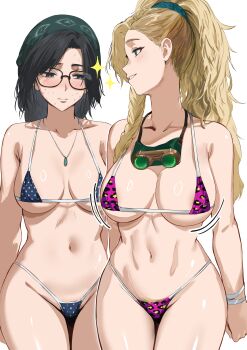2girls absurdres alma_(monster_hunter_wilds) bandana bikini black-framed_eyewear black_hair blonde_hair blonde_pubic_hair blue_eyes blush braid breast_envy breasts brown_eyes commentary female_pubic_hair gemma_(monster_hunter_wilds) glasses goggles goggles_around_neck green_bandana hews high_ponytail highleg highleg_bikini highres large_breasts leopard_print leopard_print_bikini long_hair looking_at_another looking_at_breasts medium_hair meme mom_and_her_daughter_(meme) monster_hunter_(series) monster_hunter_wilds multiple_girls navel parted_lips polka_dot polka_dot_bikini ponytail print_bikini pubic_hair pubic_hair_peek shirt side_braid sideboob simple_background sketch sparkle stomach swimsuit underboob very_long_hair white_background