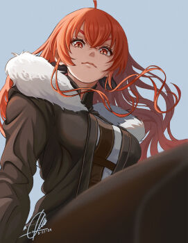 Rule 34 | 1girl, absurdres, aged up, ahoge, ayumu ad, breasts, brown jacket, brown pants, closed mouth, commentary, dated, eris greyrat, eyelashes, fur-trimmed hood, fur trim, grey background, hair between eyes, highres, hood, hood down, hooded jacket, impossible clothes, impossible shirt, jacket, lips, long hair, looking at viewer, looking down, medium breasts, mushoku tensei, pants, red eyes, red hair, shirt, signature, simple background, solo, untranslatable commentary, v-shaped eyebrows, watermark, wavy hair, white shirt