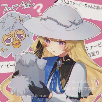 Rule 34 | 0roshioji3ran, 1girl, black bow, black collar, black gloves, blonde hair, blue gemstone, blue sash, bow, collar, commentary request, gem, gloves, hair bow, hat, highres, holding, holding stuffed toy, long hair, long sleeves, parted lips, phoebe (wuthering waves), pink background, purple eyes, sash, shirt, solo, striped bow, stuffed animal, stuffed toy, translation request, upper body, white hat, white shirt, wuthering waves