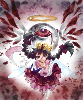 Rule 34 | 1girl, black hair, bleeding, blood, braid, crown, fairy, fairy wings, glasses, halo, hamagurihime, highres, kirby (series), kirby 64, long hair, low twin braids, nintendo, one-eyed, pink skirt, purple eyes, red eyes, ripple star queen, skirt, sleeves past fingers, sleeves past wrists, twin braids, wings, zero two (kirby)