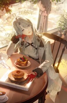 1girl absurdres book bread chair chest_harness coat collared_shirt commentary_request cup curtains donut food fork from_below gloves grey_eyes grey_hair harness highres hilda_(path_to_nowhere) hiratechen knife leaf looking_at_viewer looking_back neck_tattoo open_clothes open_coat parted_lips path_to_nowhere plant plate red_gloves red_pupils shirt solo spoon table tattoo white_coat window