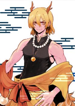 1boy antlers bead_necklace beads blonde_hair closed_mouth dr._stone dragon_horns dragon_tail egasumi hair_between_eyes horns jewelry looking_at_viewer male_focus muscular nanami_ryuusui necklace ninomae_gin red_eyes shirt short_hair sleeveless sleeveless_shirt smile solo tail white_background