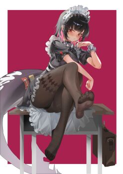 1girl absurdres black_hair blush ellen_joe feet fish_tail highres lollipop_in_mouth looking_at_viewer maid medium_hair mr_raindrop multicolored_hair panties panties_under_pantyhose pantyhose pantyshot red_eyes shark_tail soles tail toes two-tone_hair underwear zenless_zone_zero