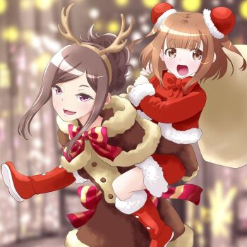 Rule 34 | 2girls, :d, beatrice (princess principal), blunt bangs, blurry, blurry background, bow, brown coat, brown eyes, brown hair, bun cover, carrying, coat, dorothy (princess principal), double bun, fake antlers, hair bun, hair up, long sleeves, multiple girls, open mouth, piggyback, pink bow, princess principal, purple eyes, red footwear, sack, short hair, smile, taniguchi gou