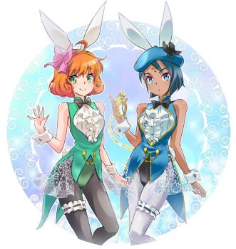 2girls ahoge animal_ears ascot black_legwear ciel_soleil dark-skinned_female dark_skin fake_animal_ears frilled_shirt frilled_thigh_strap frills hat iesupa multiple_girls pantyhose penny_polendina playboy_bunny pocket_watch rabbit_ears rabbit_tail rwby shirt sleeve_cuffs tail thigh_strap thighhighs thighs watch white_legwear
