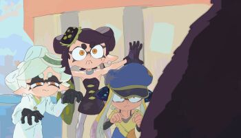 +_+ 1boy 3girls absurdres agent_3_(splatoon) angry animal armpits asymmetrical_hair bare_arms bare_shoulders bear black_hair black_jumpsuit blue_hat bow-shaped_hair callie_(alterna)_(splatoon) callie_(splatoon) captain_3_(splatoon) cel_shading choker claw_pose clenched_hands collarbone dress earrings fighting_stance food food_on_head frown gradient_hair grey_pantyhose half-closed_eyes hat highres idol inkling jacket jewelry jumpsuit long_eyelashes long_hair mangedugruau marie_(alterna)_(splatoon) marie_(splatoon) mole mole_under_eye mr._grizz_(splatoon) multicolored_hair multiple_girls narrow_waist nintendo object_on_head outstretched_arms pantyhose parody patchwork_clothes peaked_cap short_hair short_jumpsuit splatoon_(series) splatoon_3 spread_arms squidbeak_splatoon staring strapless strapless_dress sushi tentacle_hair thick_eyebrows turning_red very_long_hair white_hair white_jacket yellow_eyes