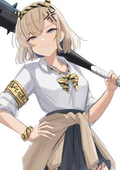 1girl absurdres anger_vein animal_print armband black_skirt blonde_hair blue_eyes blue_hair clothes_around_waist club club_(weapon) collared_shirt commentary_request cowboy_shot fake_horns false_smile gloire_(kancolle) gloire_kai_(kancolle) gloire_kai_(setsubun)_(kancolle) hand_on_own_hip highres holding holding_club holding_weapon horns jacket jacket_around_waist kanabou kantai_collection looking_at_viewer mole mole_on_neck multicolored_hair scrunchie shirt short_hair skirt smile solo spiked_club sukimizaki tiger_print weapon white_shirt wrist_scrunchie yellow_armband yellow_scrunchie